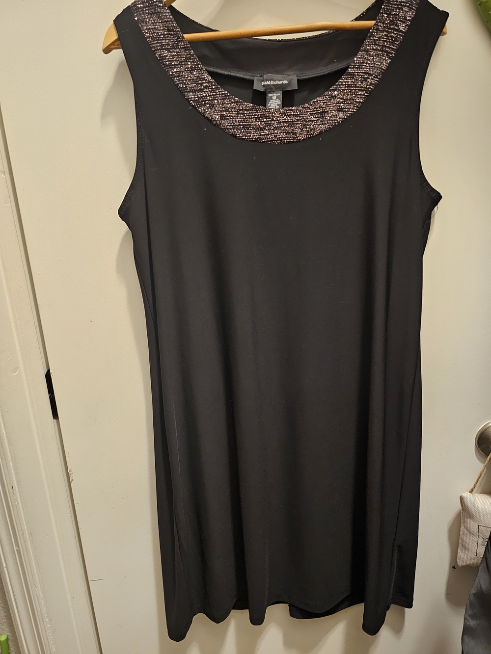 R&M Richard's Black Sheath Midi Dress Metallic Silver Trim Size 12 Excellent Con